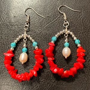⭐️2/$10 Red Coral Chips Turquoise and Pearls Handcrafted Silver Earrings